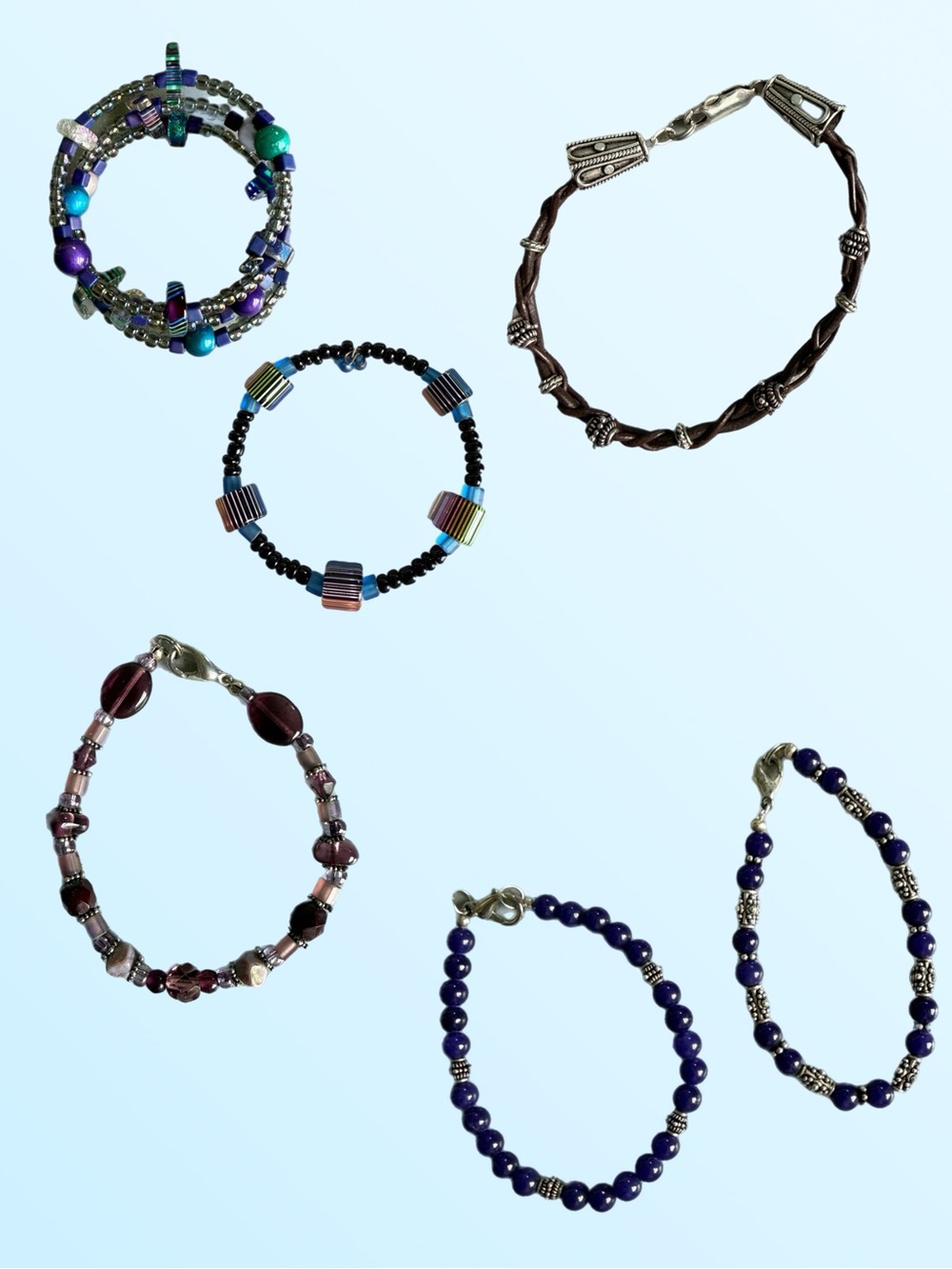 Handmade Artisan Bracelet Lot 6 Bracelets Gemstones, Glass, Leather, Silver